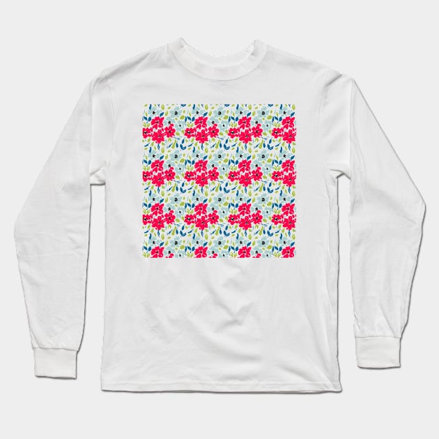 Ditsy Red and Blue Floral Pattern Long Sleeve T-Shirt by LThomasDesigns